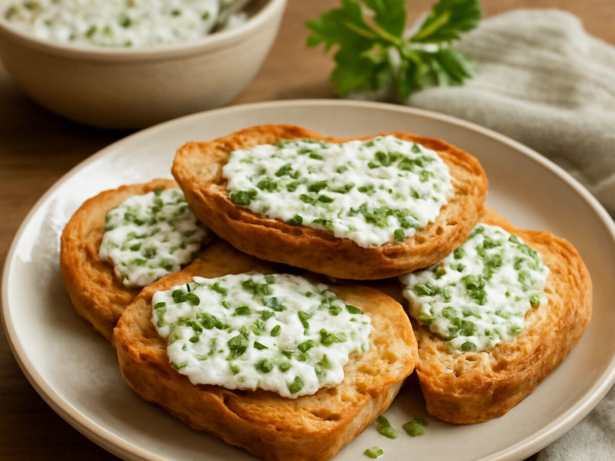 Altbackene Brötchen als Knusperbrot mit Kräuterquark