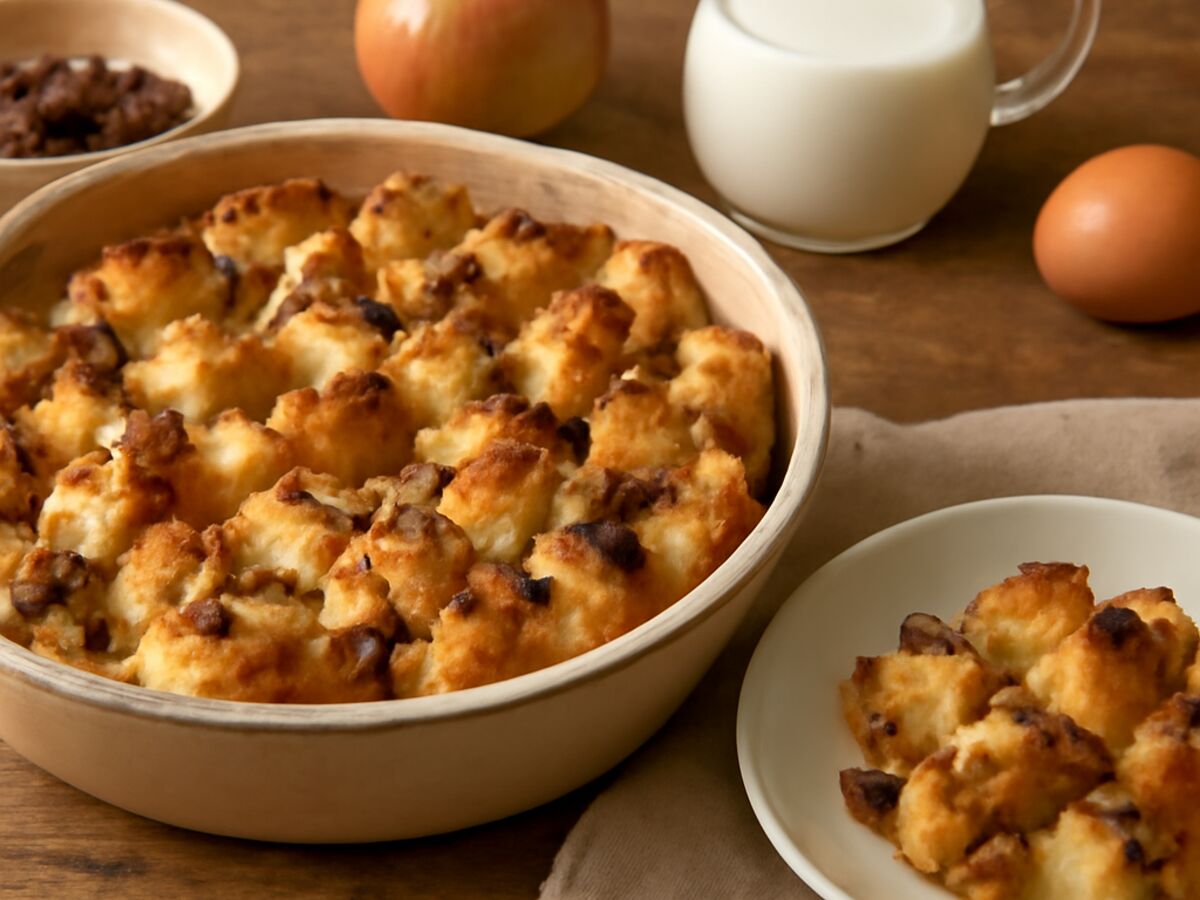 Altdeutscher Brotauflauf mit Apfel und Rosinen