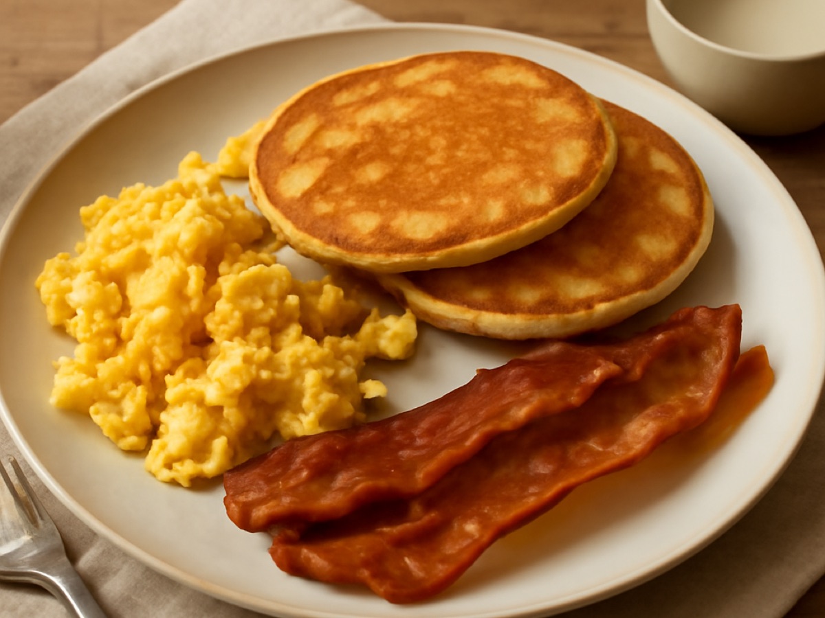 American Breakfast mit Rührei, Pancakes und Speck