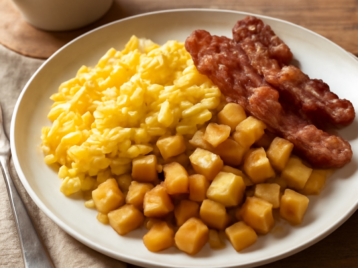 American Breakfast mit Rührei und Bratkartoffeln