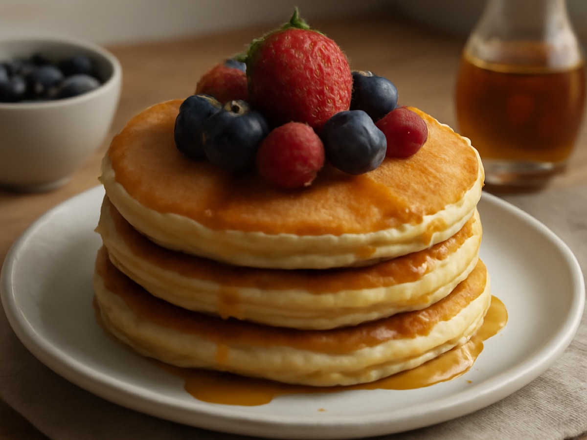 American Pancakes mit Ahornsirup und Beeren