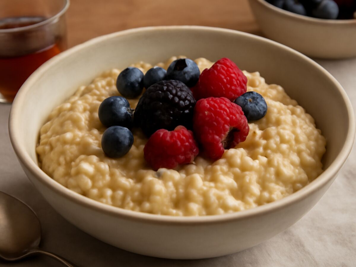 Amerikanischer Frühstücks-Porridge mit Ahornsirup und Beeren aus dem Mixtopf