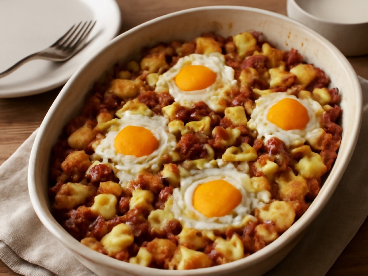 Amerikanischer Frühstücksauflauf mit Eiern, Speck und Kartoffeln
