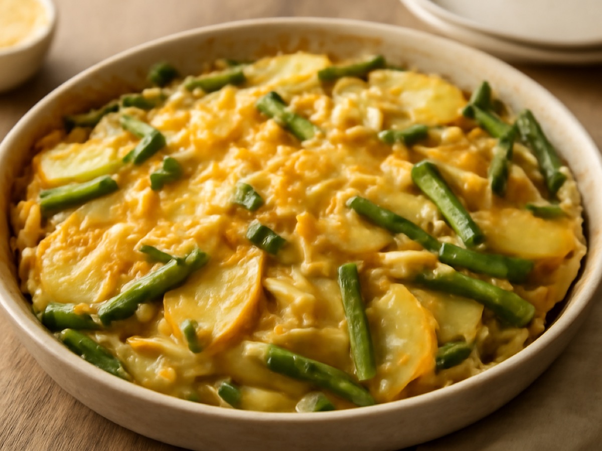 Amerikanischer Kartoffelauflauf mit Cheddar und grünen Bohnen