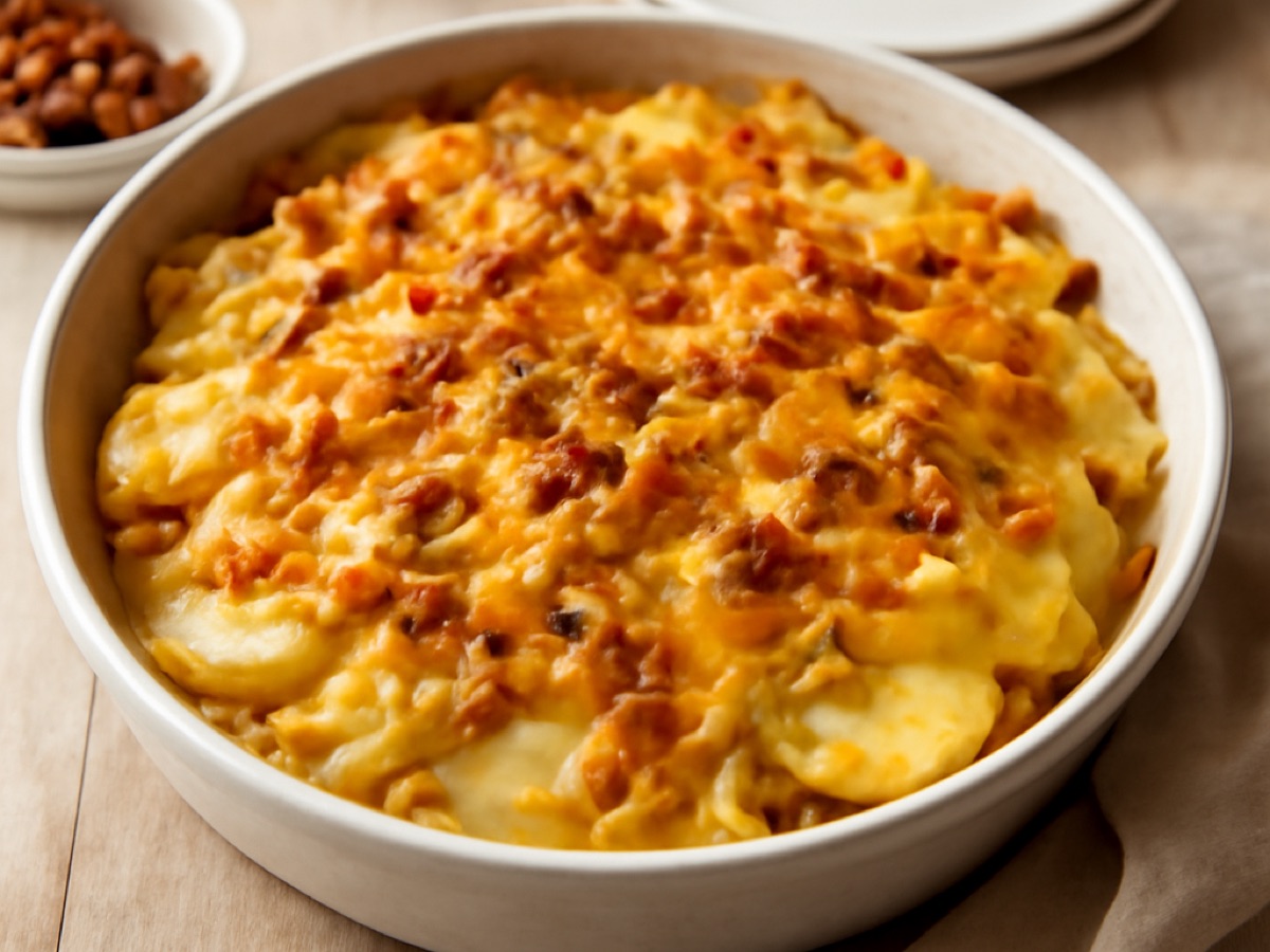 Amerikanischer Kartoffelauflauf mit Cheddar und Speck