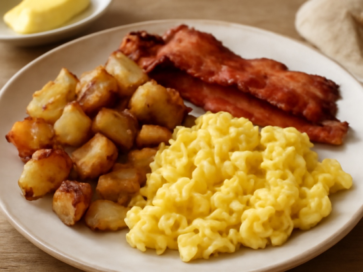 Amerikanisches Frühstück mit Rührei, Bratkartoffeln und gebratenem Bacon