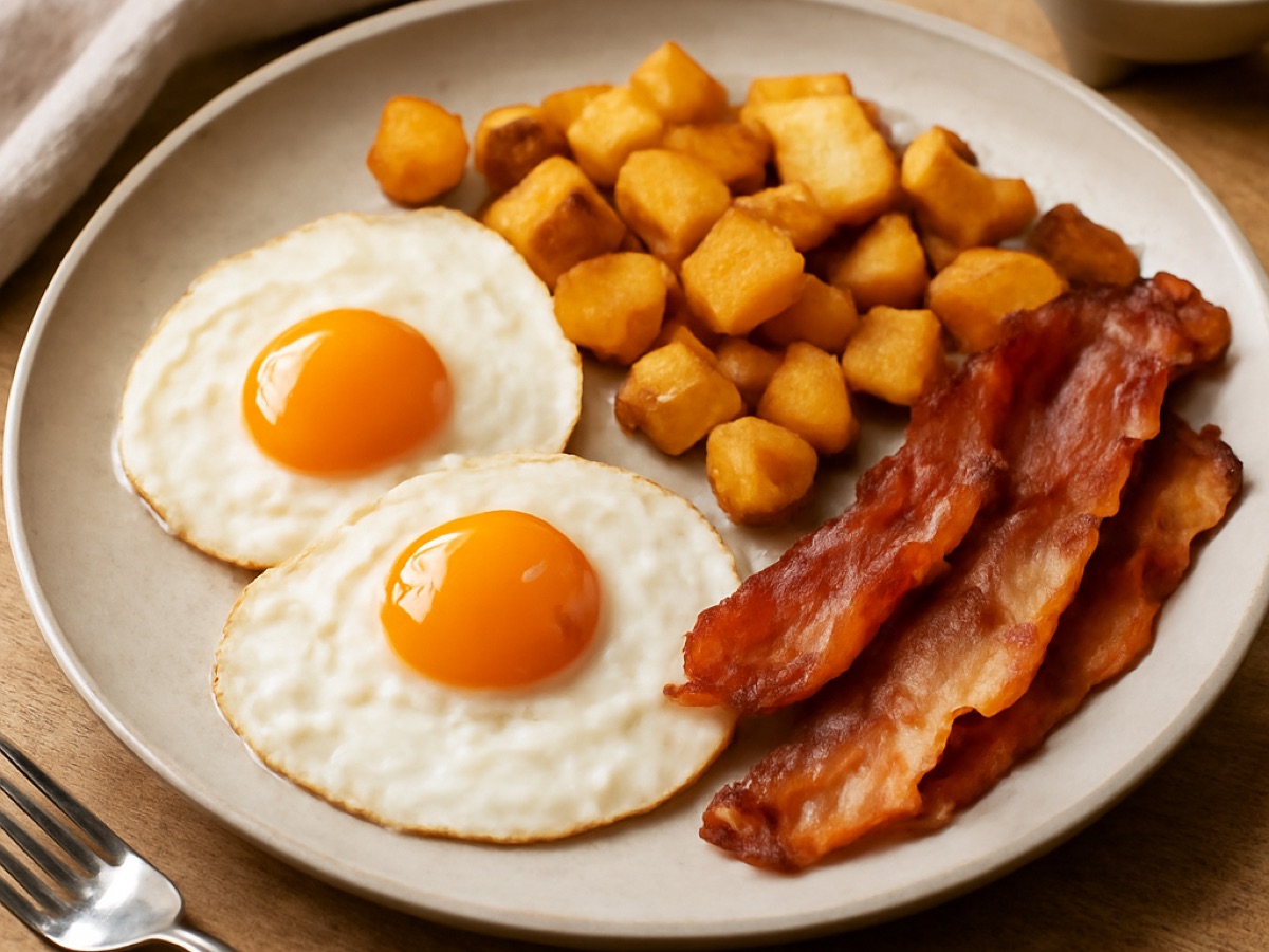 Amerikanisches Frühstück: Rührei mit Bratkartoffeln und gebratenem Speck