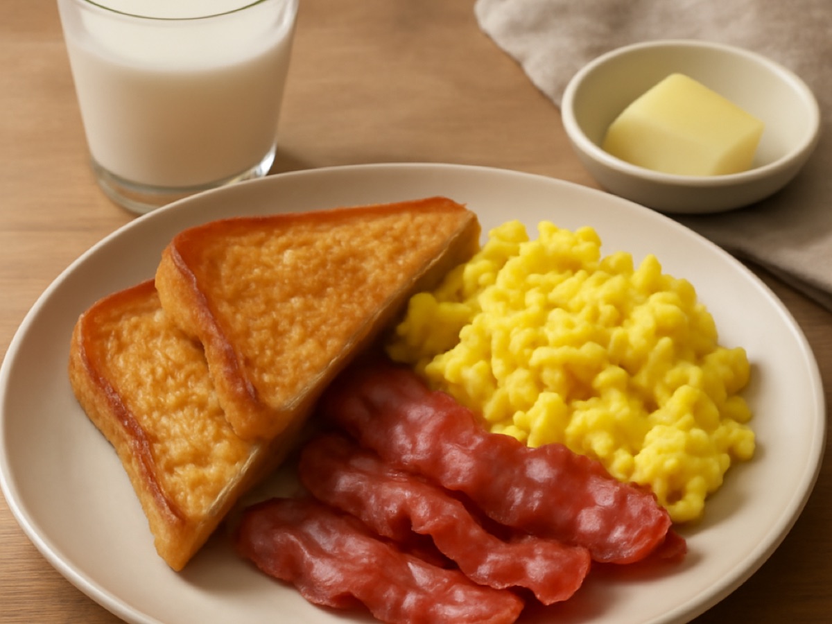 Amerikanisches Frühstücks-Rührei mit Speck und Toast