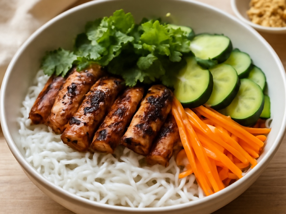 Bún Thịt Nướng – Gegrilltes Schweinefleisch mit Reisnudeln und frischen Kräutern