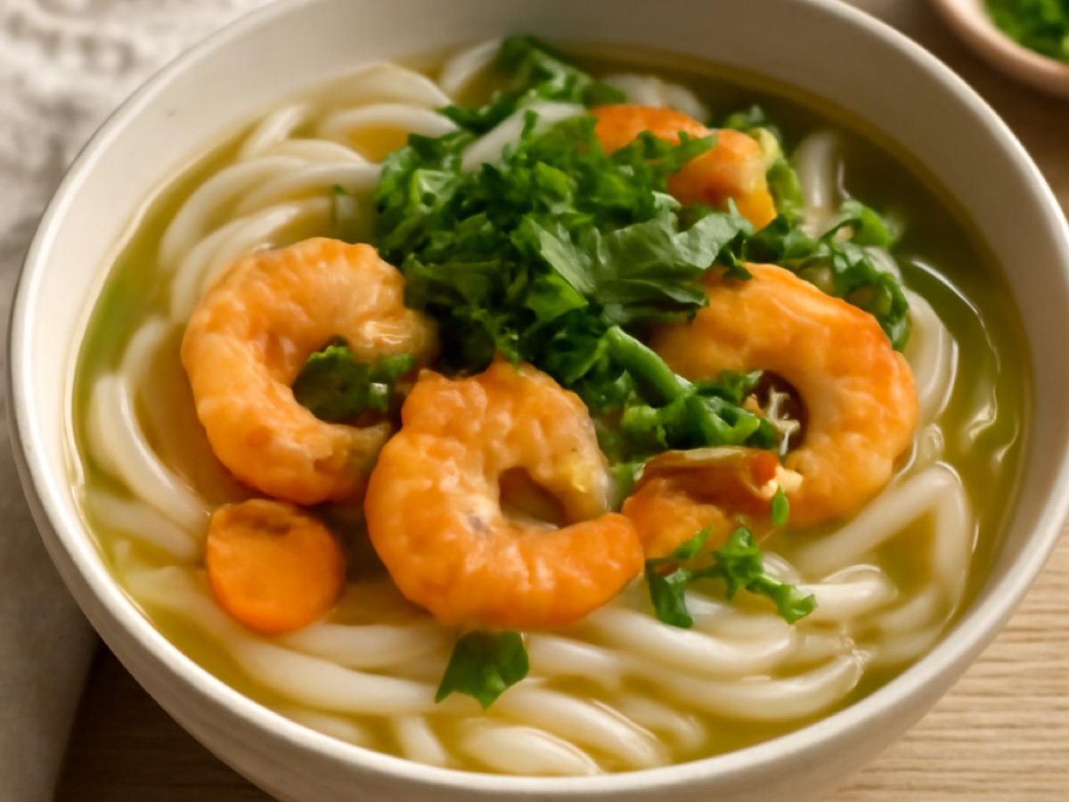 Bánh Canh – Vietnamesische dicke Reisnudelsuppe mit Garnelen und Kräutern