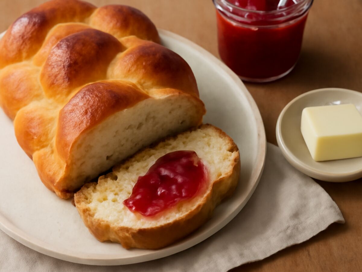 Badischer Hefezopf mit Butter und selbstgemachter Erdbeermarmelade