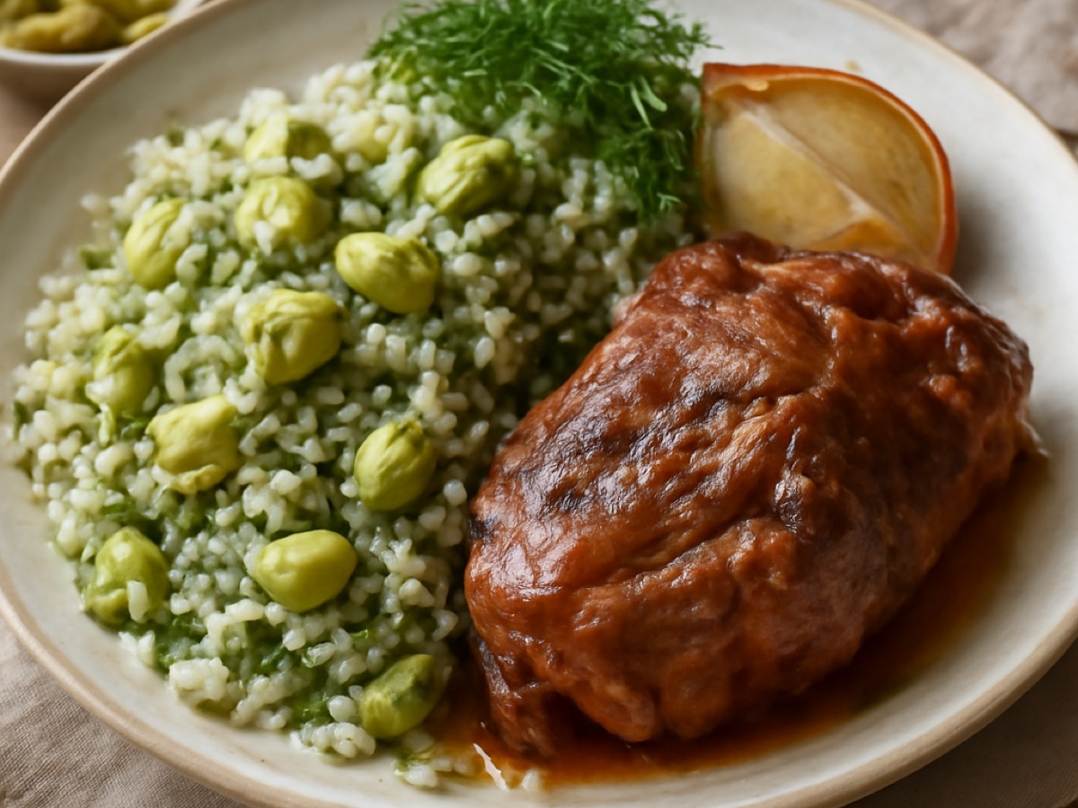 Baghali Polo ba Mahiche – Reis mit Dill und dicken Bohnen, dazu geschmorte Lammkeule