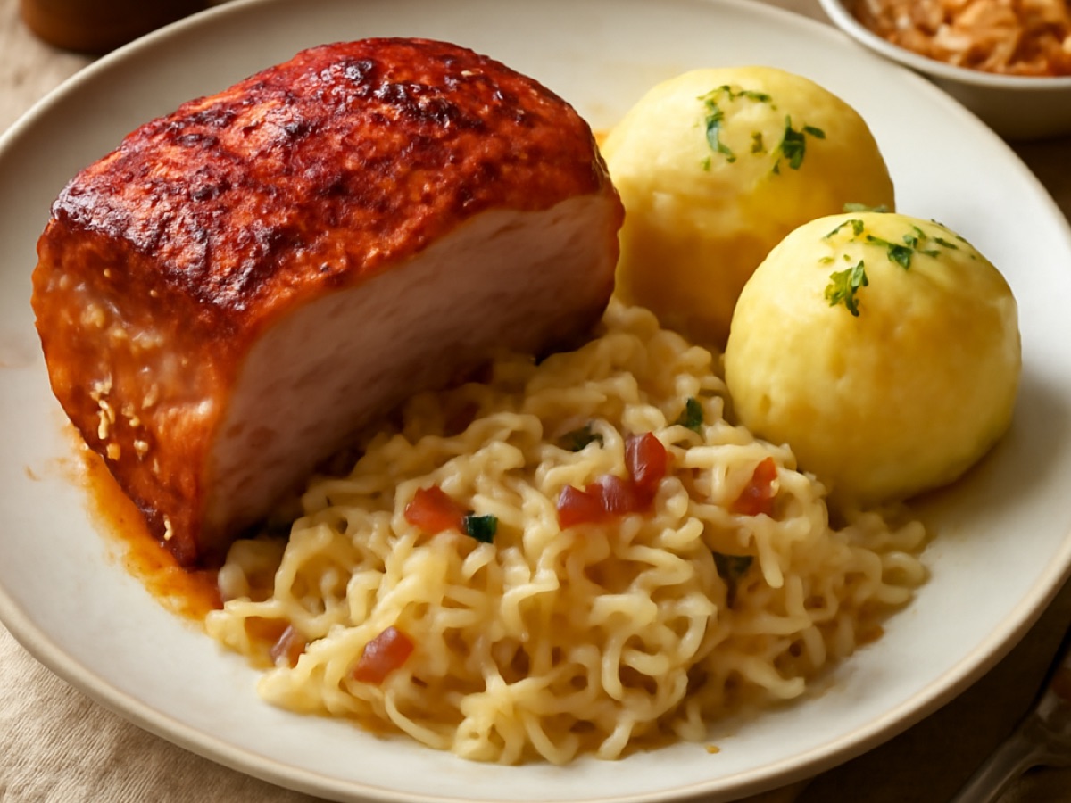 Bayerischer Schweinebraten mit Knödeln und Speckkraut