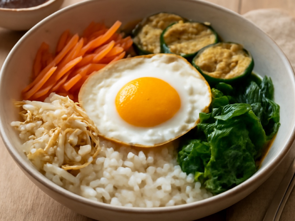 Bibimbap mit gebratenem Gemüse und Ei