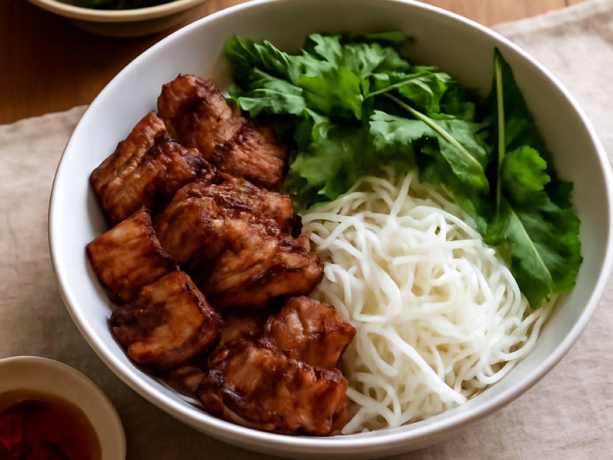 Bun Cha – Gegrilltes Schweinefleisch mit Reisnudeln und frischen Kräutern