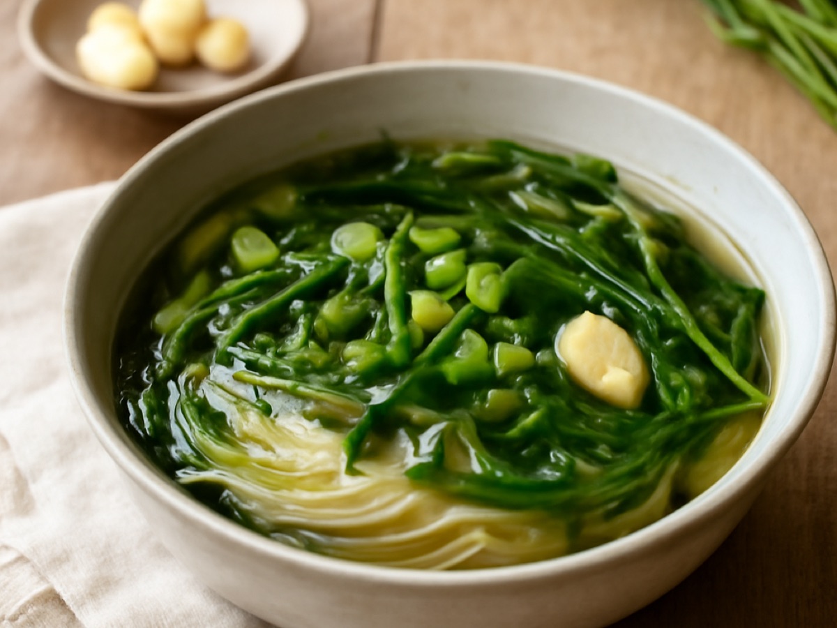 Canh Rau Muống – Vietnamesische Wasserspinatsuppe mit Knoblauch und Reisnudeln
