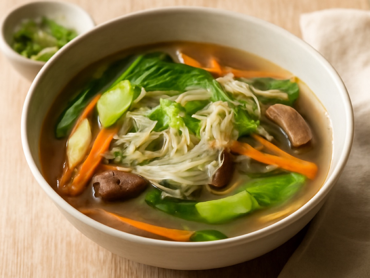Chinesische Glasnudelsuppe mit Gemüse und Shiitake