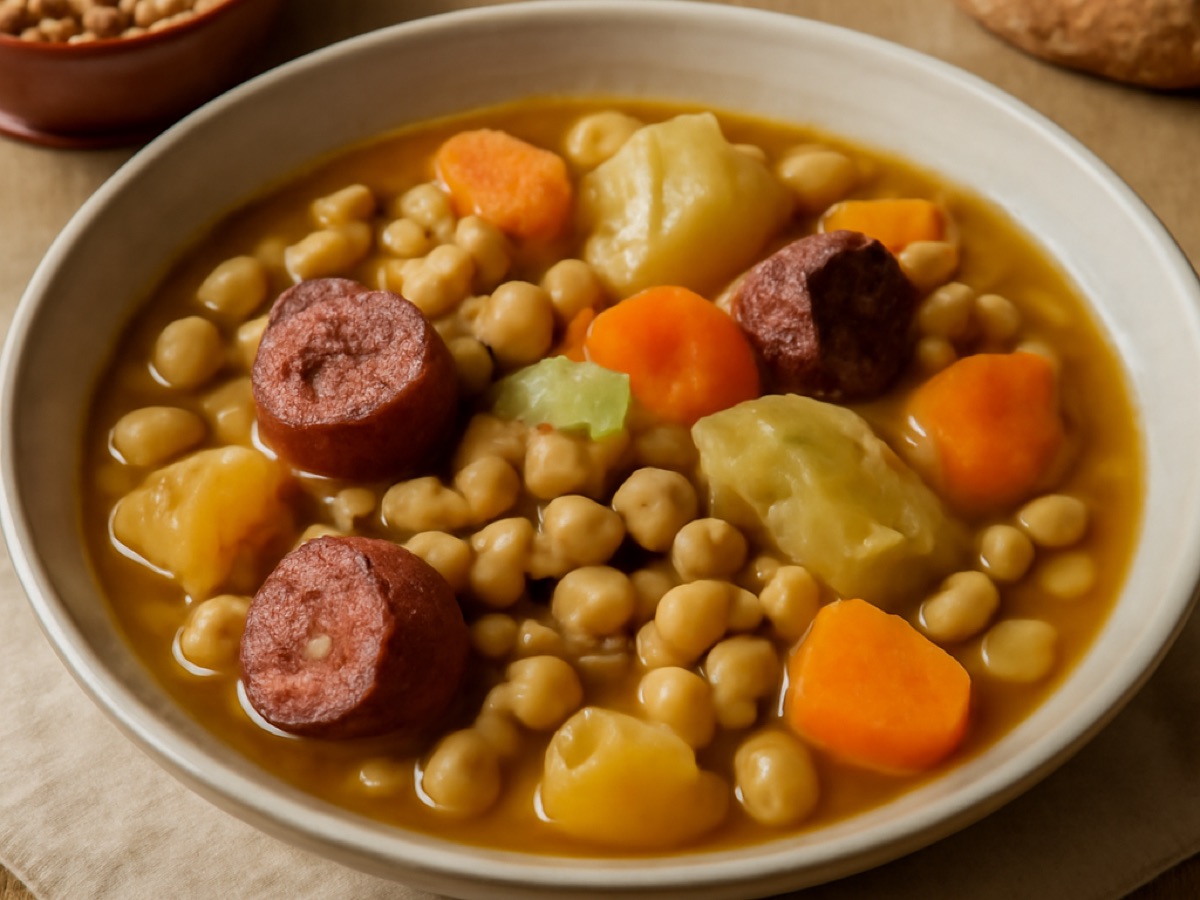 Cocido Madrileño – Spanischer Kichererbsen-Eintopf mit Gemüse und Wurst