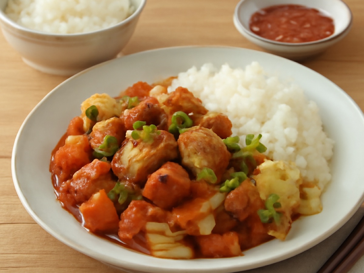 Dakgalbi – Koreanisches würziges Hähnchen mit Gemüse und Reis