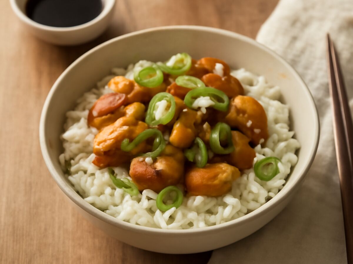 Donburi mit gebratenem Hühnchen und Frühlingszwiebeln