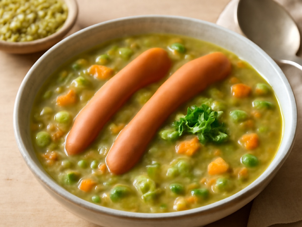 Deftige Erbsensuppe mit Würstchen