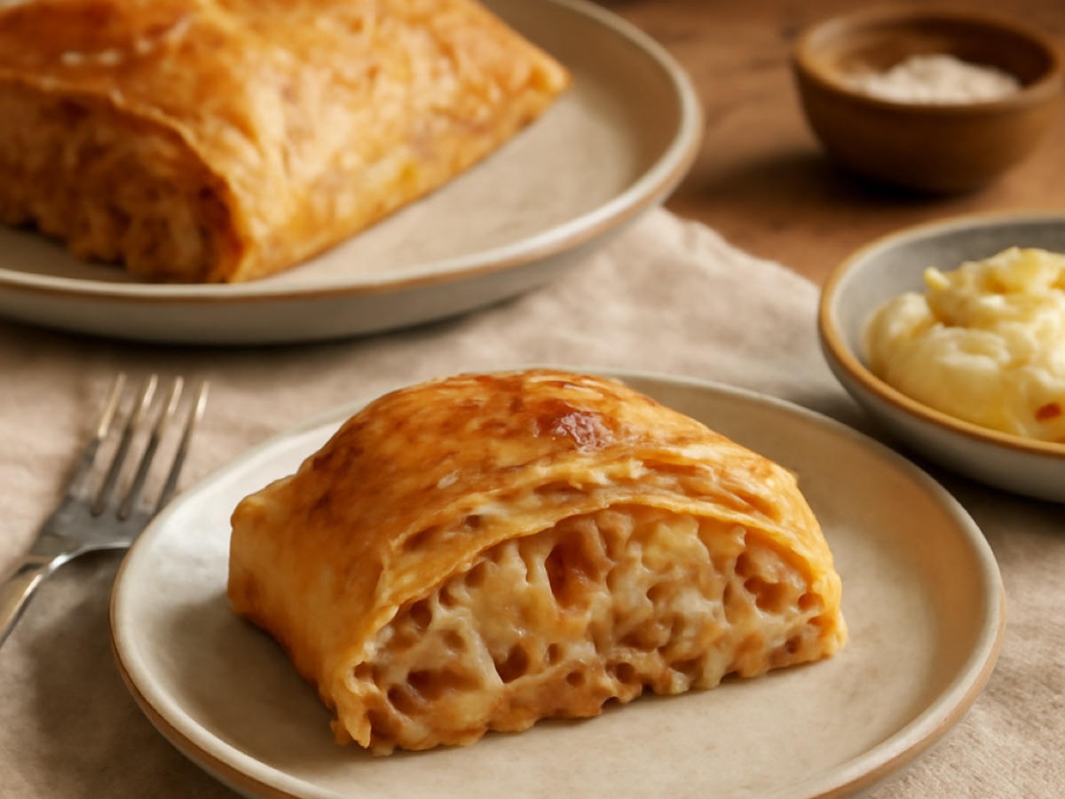 Erdäpfel-Kraut-Strudel mit Speck