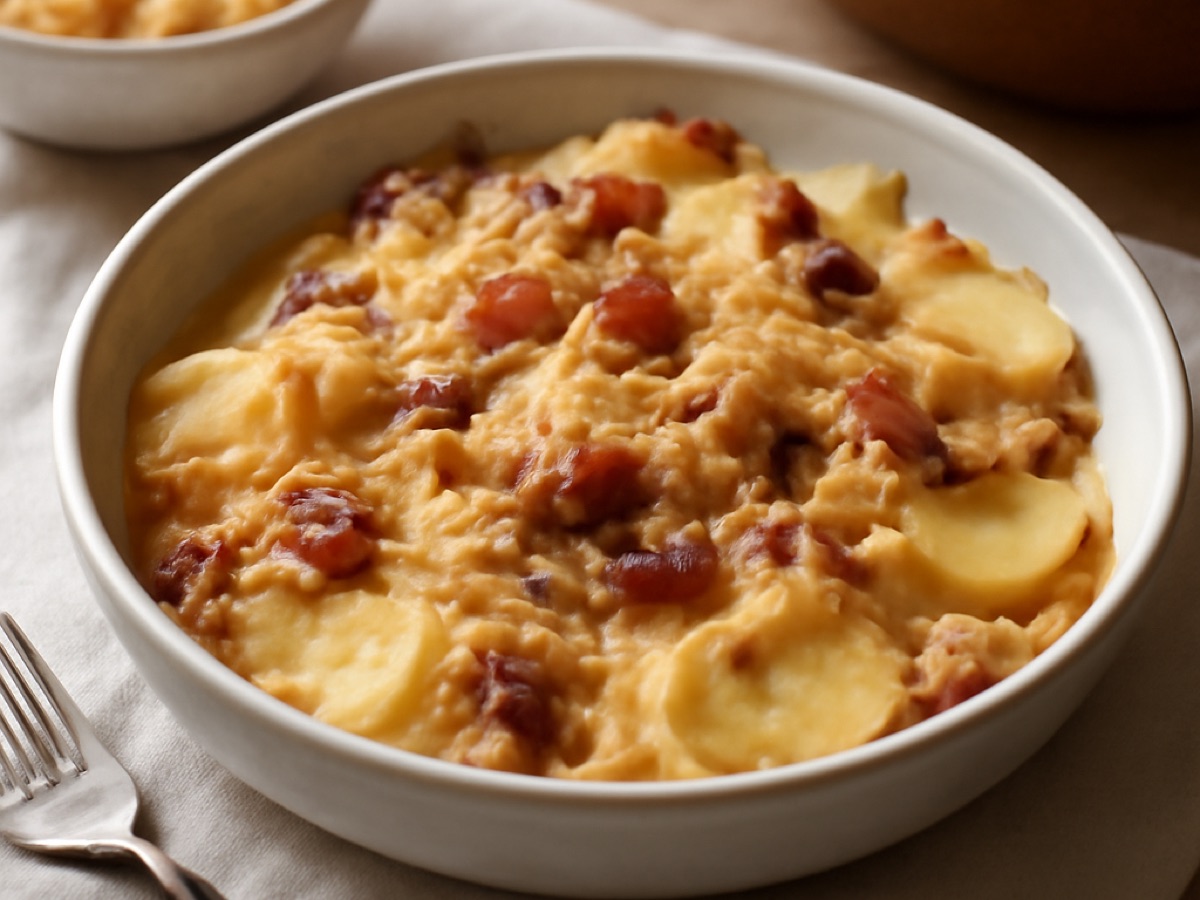 Erdäpfelauflauf mit Sauerkraut und Speck