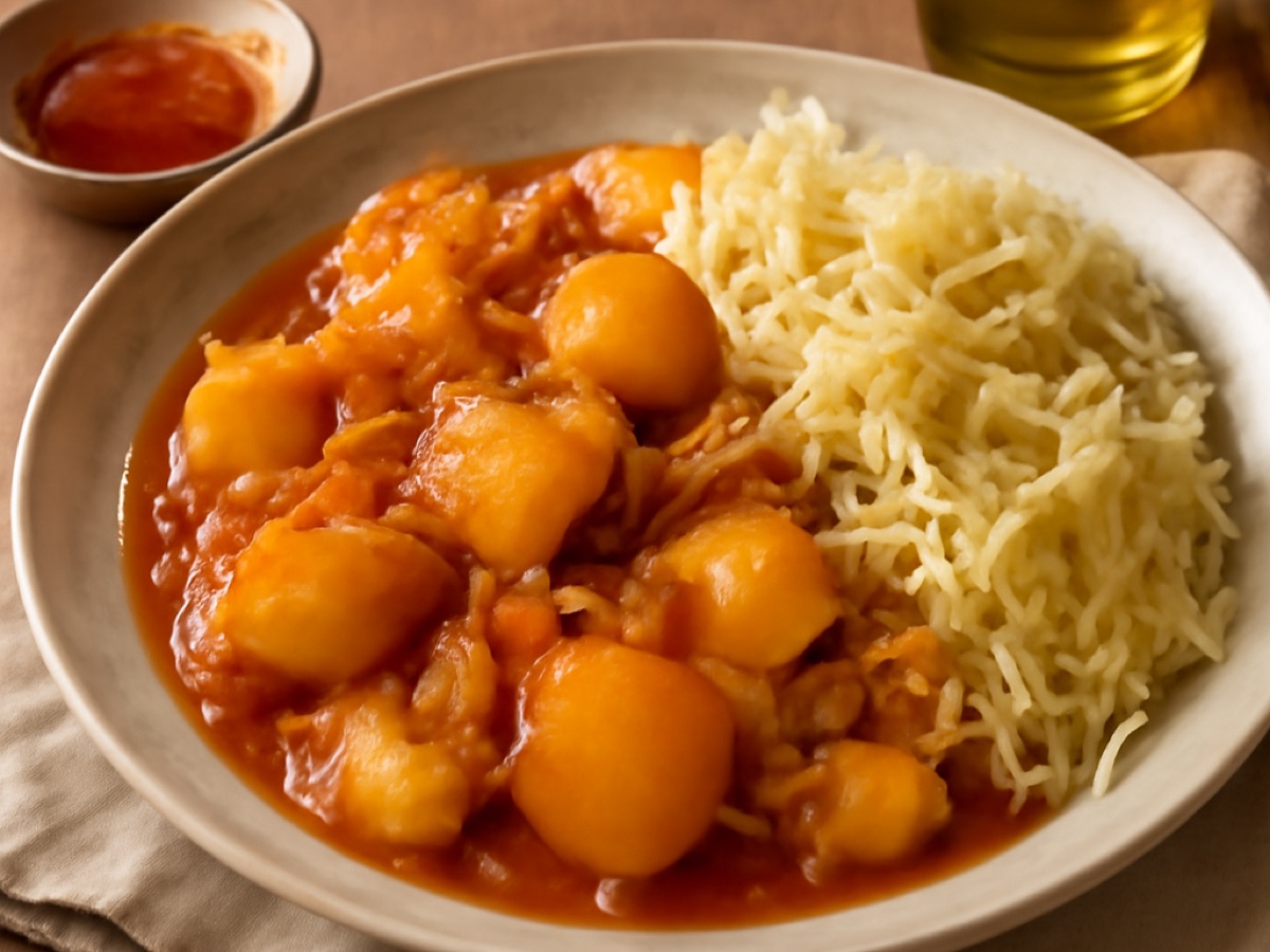 Erdäpfelgulasch mit Sauerkraut
