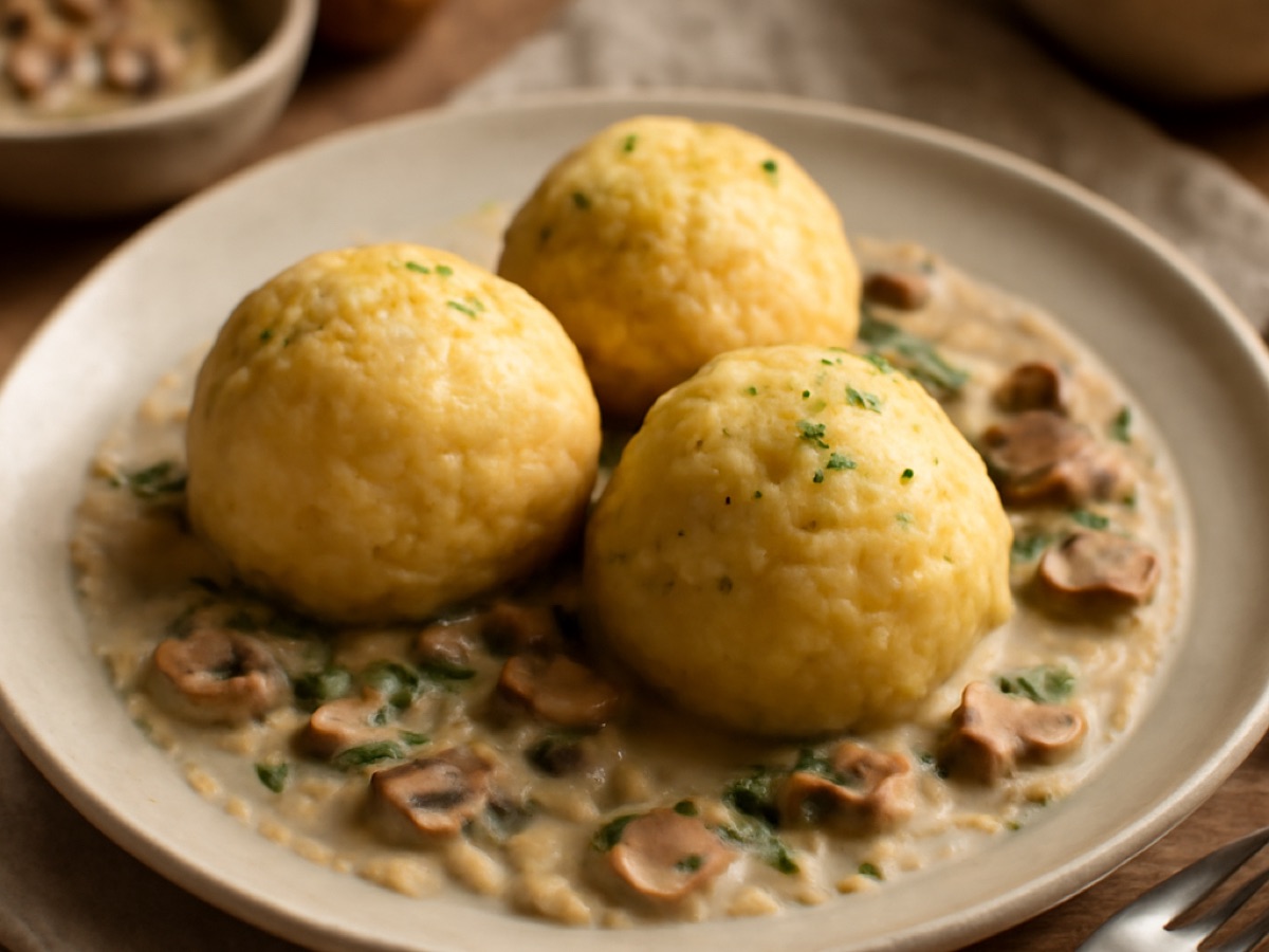 Erdäpfelknödel mit Pilzrahmsauce