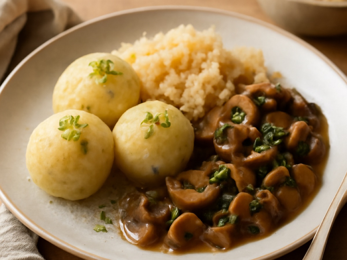 Erdäpfelknödel mit Sauerkraut und Pilzragout
