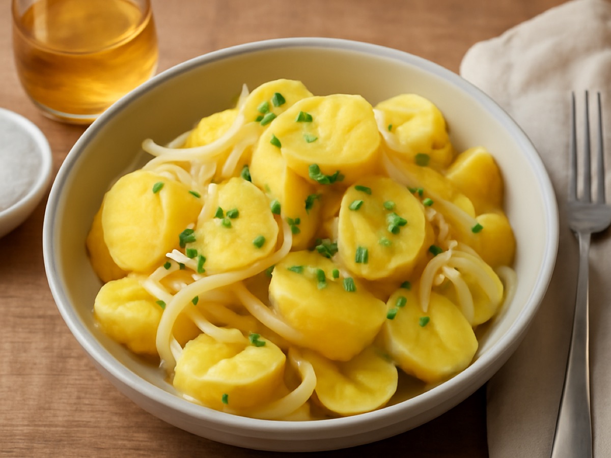 Erdäpfelsalat mit Apfelessig und Zwiebeln