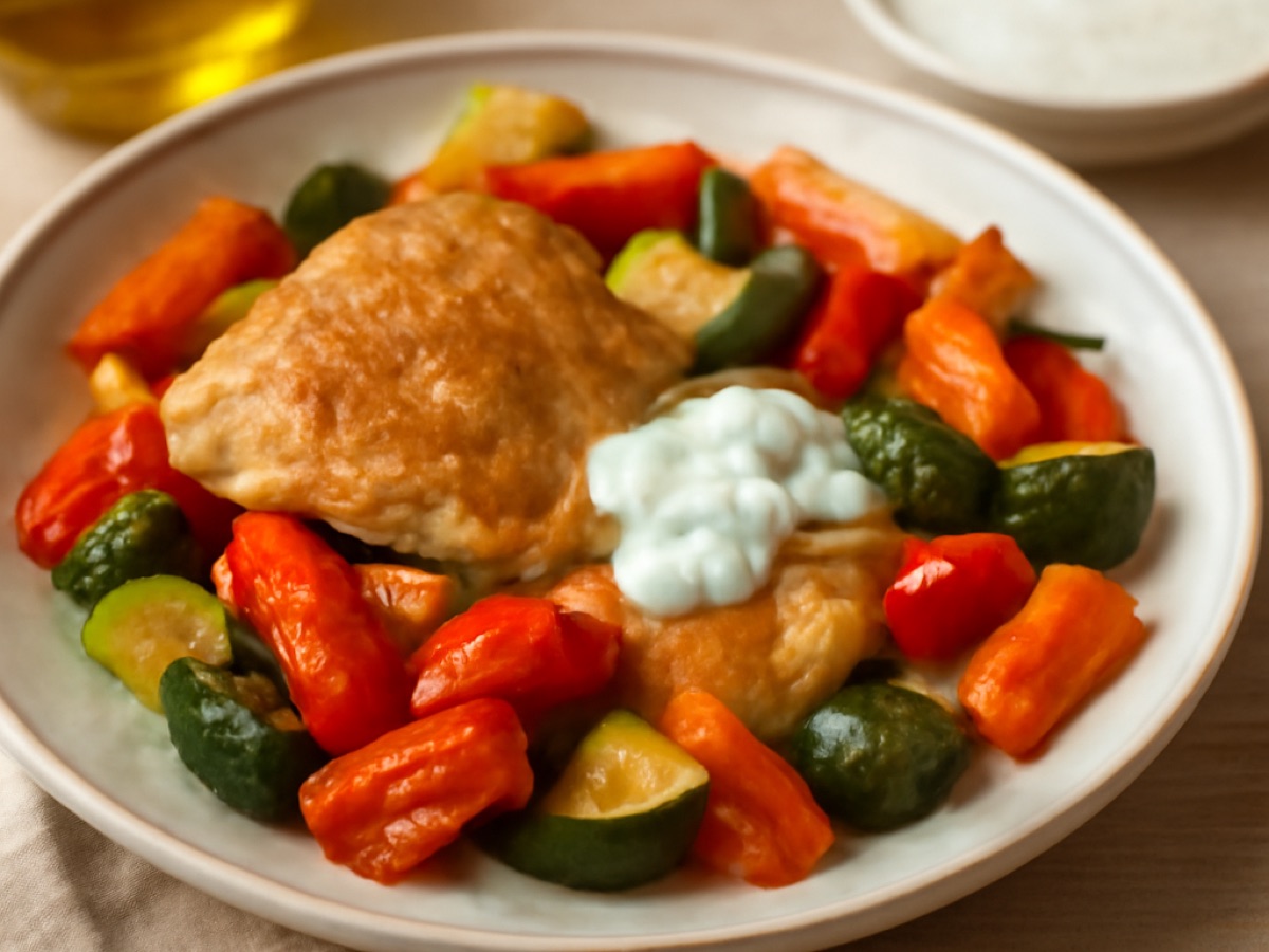 Fırında Sebzeli Tavuk – Ofenhähnchen mit buntem Gemüse und Joghurtsoße