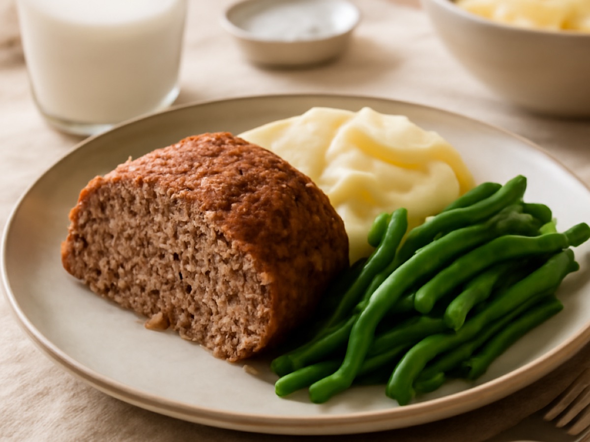 Faschierter Braten mit Erdäpfelpüree und grünen Bohnen