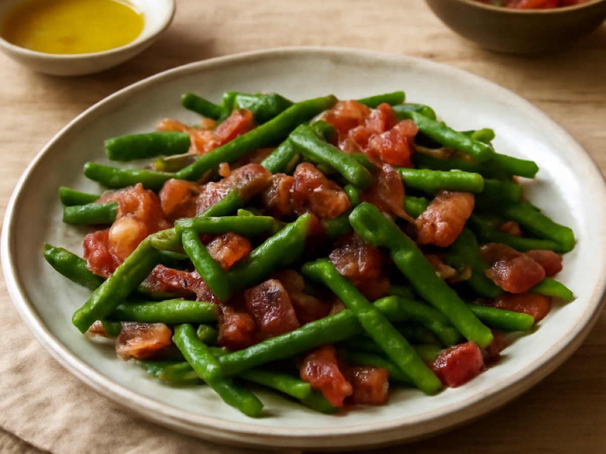 Fasolka szparagowa mit Speck und Zwiebeln