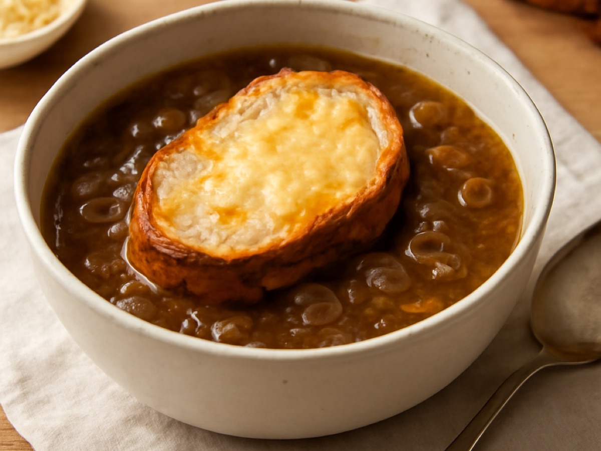 Französische Zwiebelsuppe mit gratiniertem Käsebrot