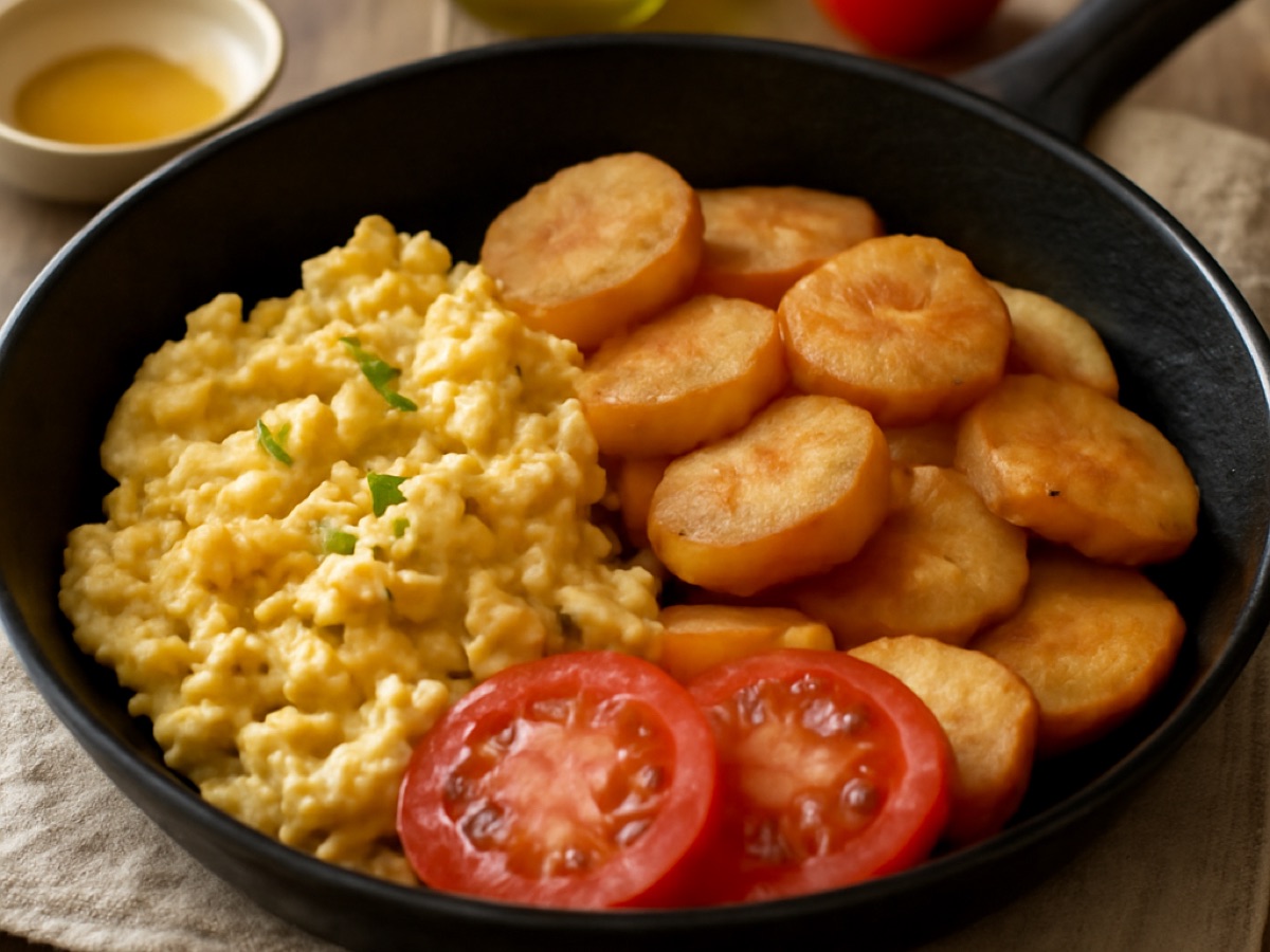Frühstückspfanne mit Rührei und Bratkartoffeln
