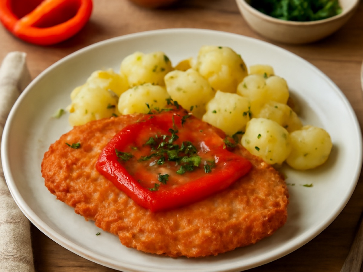 Gebackene Paprikaschnitzel mit Petersilienkartoffeln