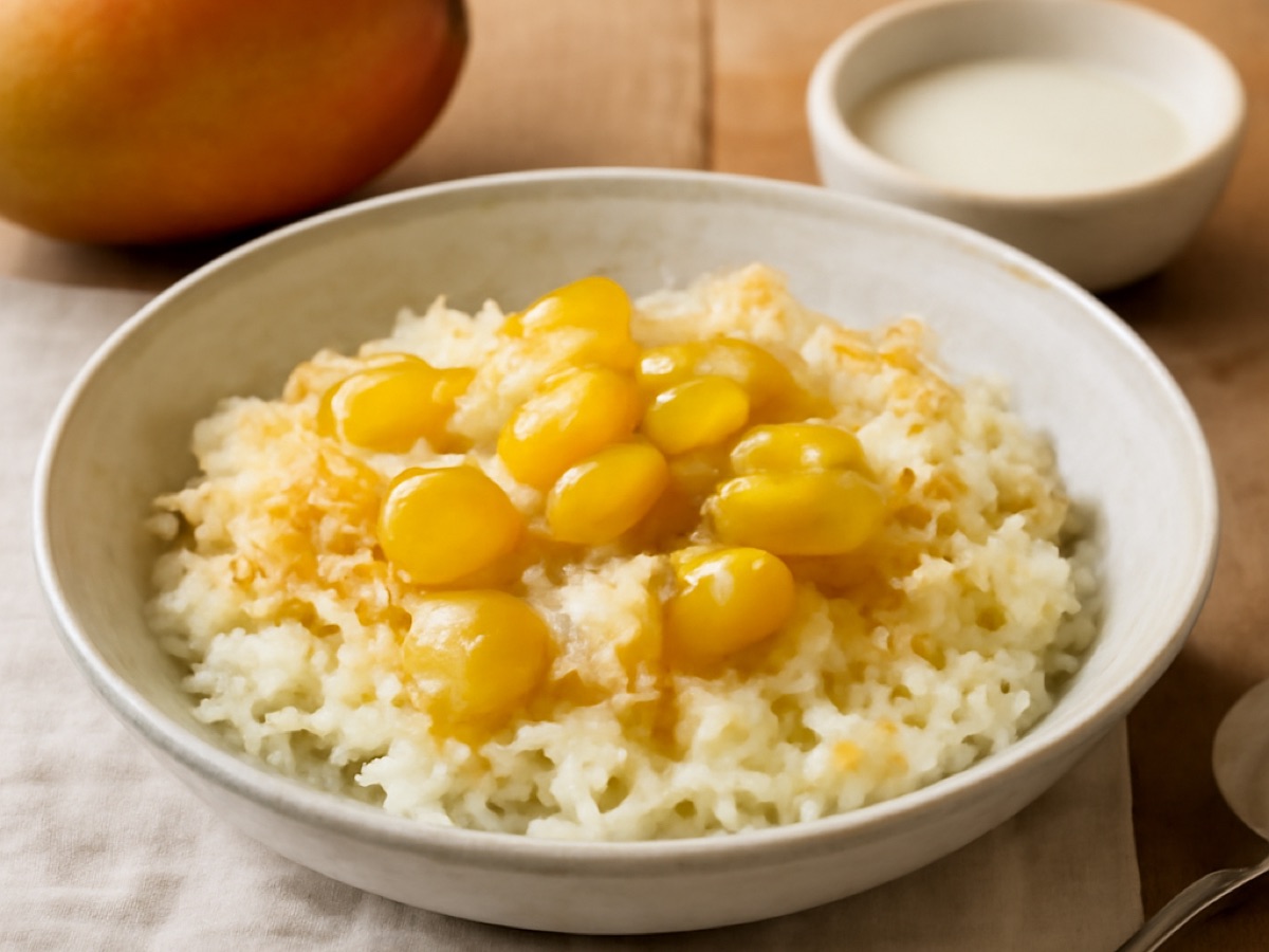 Gebackener Jasminreis mit Mango und Kokosmilch