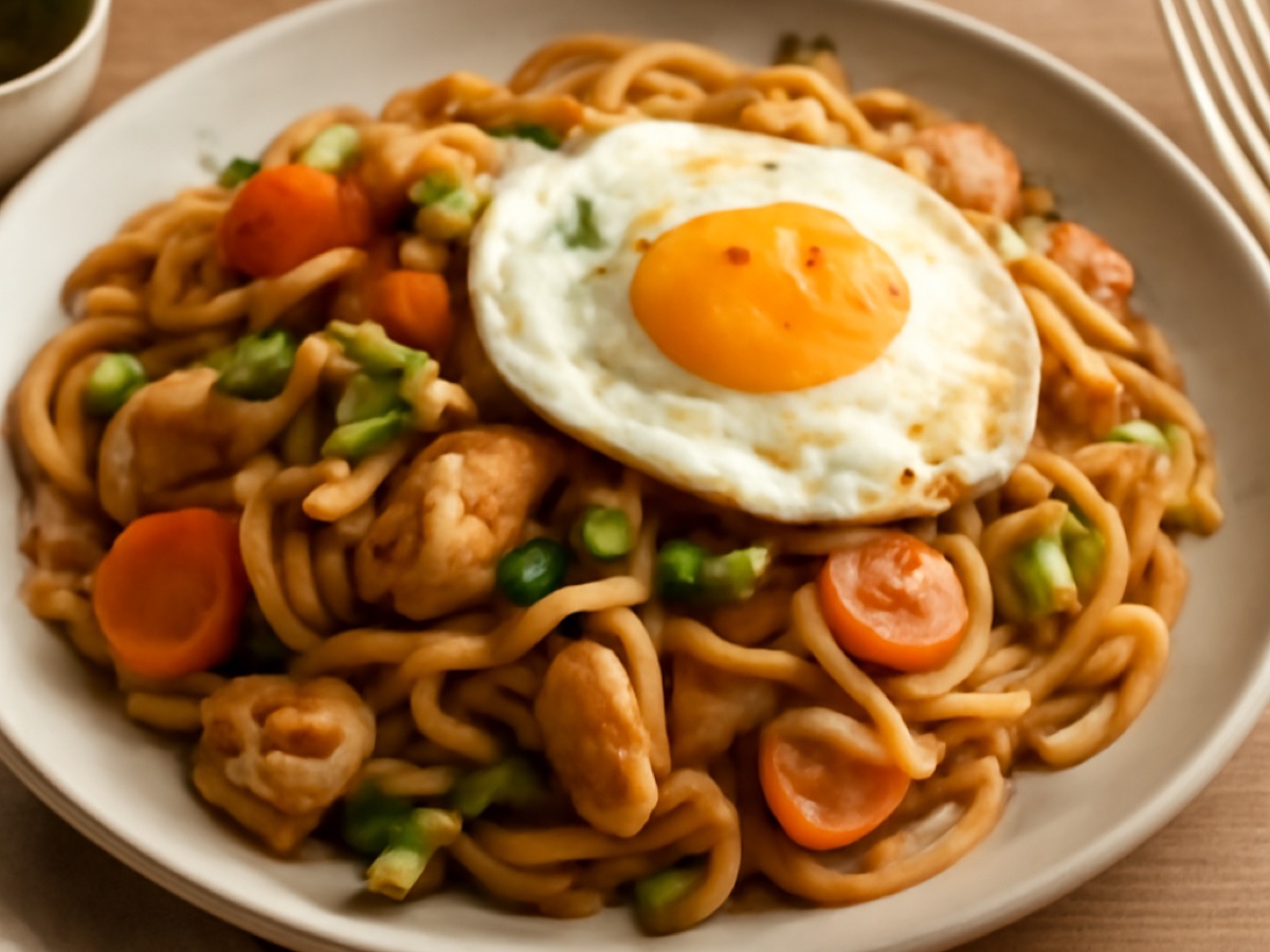 Gebratene Udon-Nudeln mit Gemüse und Ei