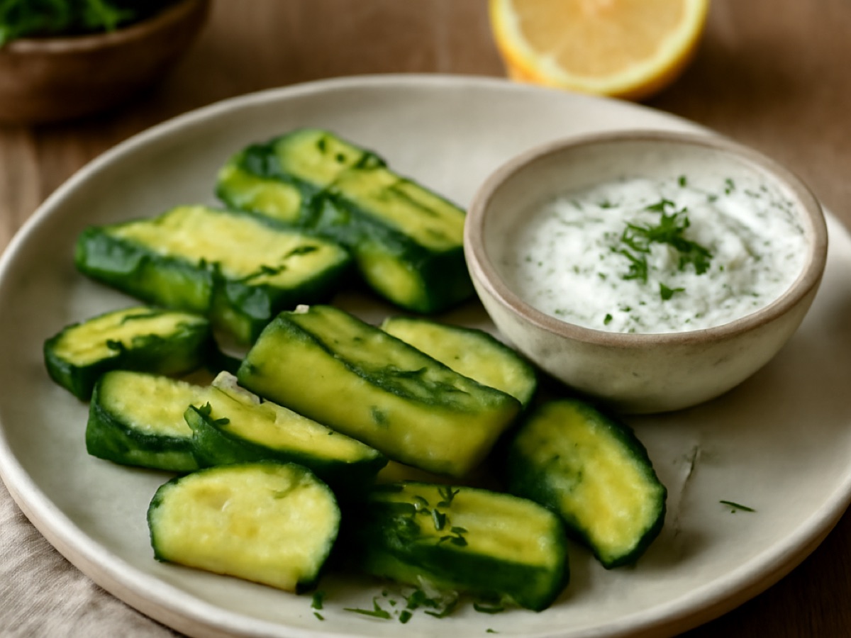 Gedämpfte Griechische Zucchini mit Zitronen-Kräuter-Dip