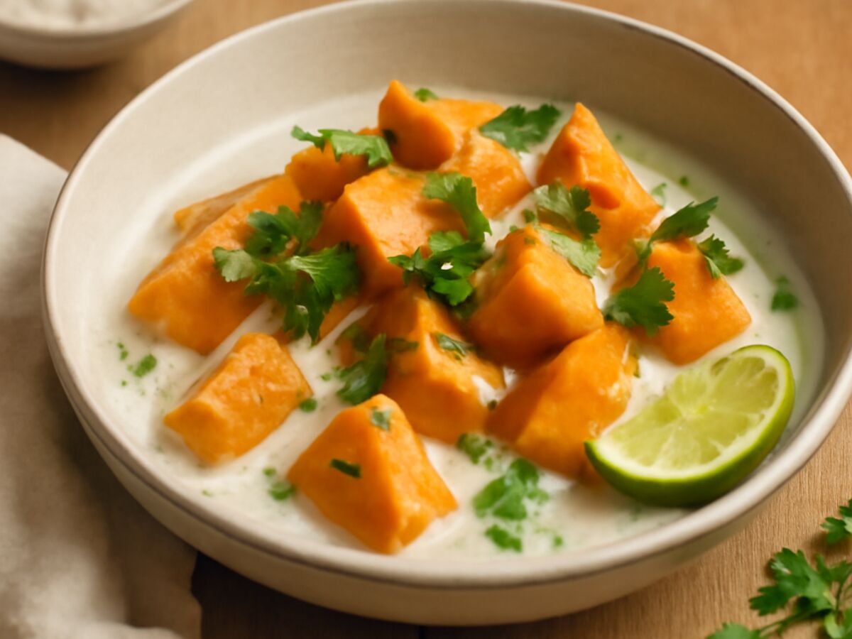 Gedämpfte vietnamesische Süßkartoffel mit Kokosmilch und Kräutern