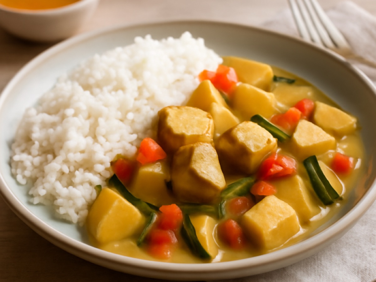 Gedämpfter Jasminreis mit Gemüsecurry und Tofu