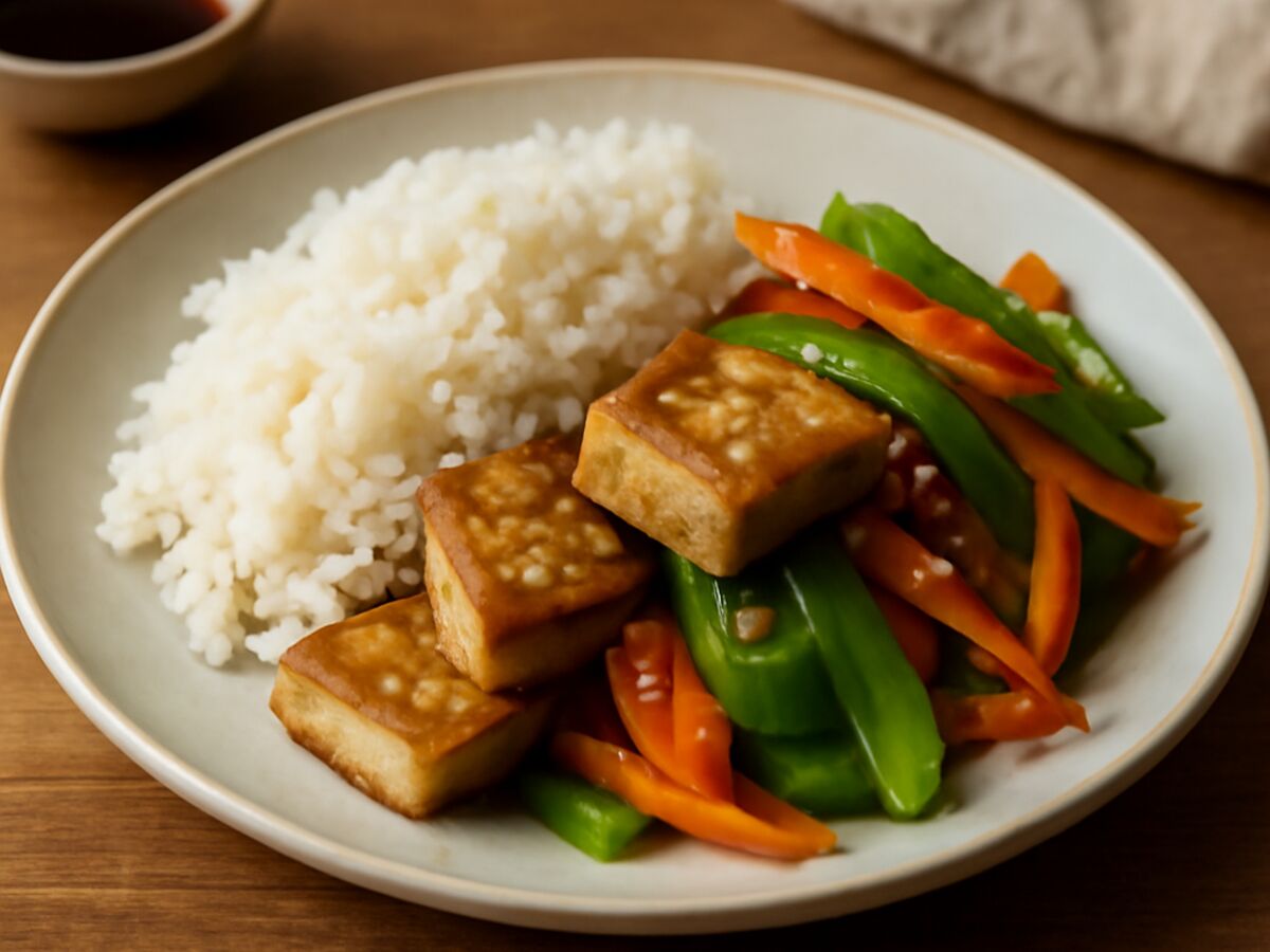 Gedämpfter Tofu mit Sesam-Gemüse und Reis