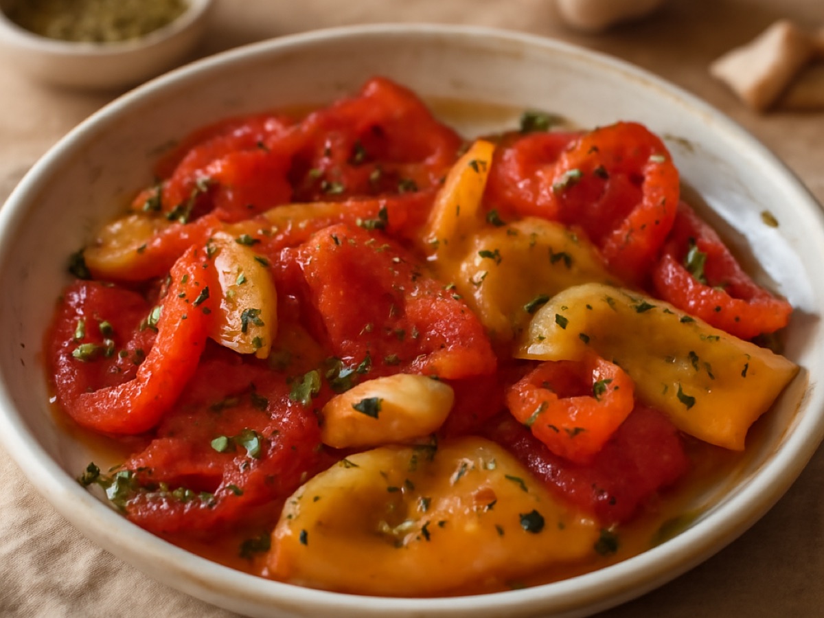 Gegrillte Paprika mit Knoblauch und Oregano in Olivenöl