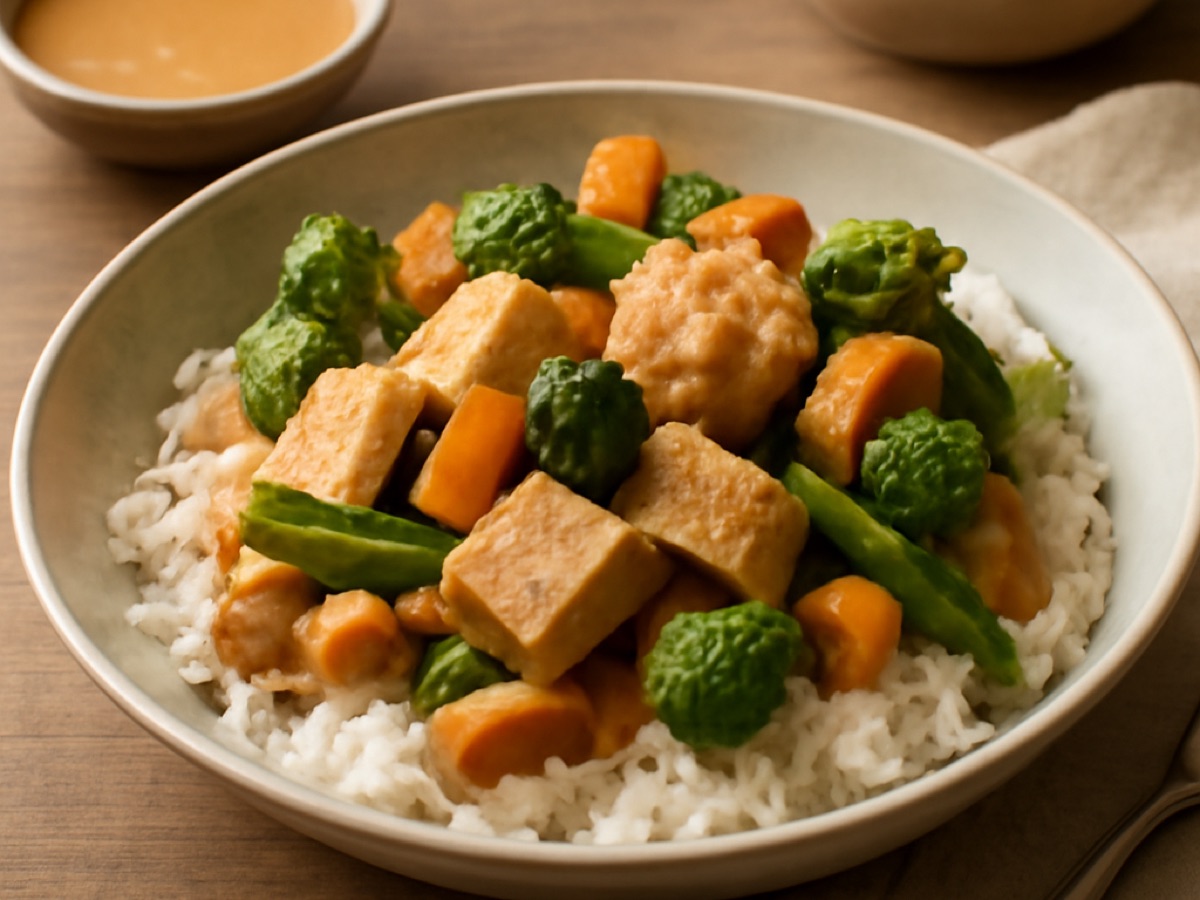 Gemüse-Tofu-Wok mit Erdnusssauce