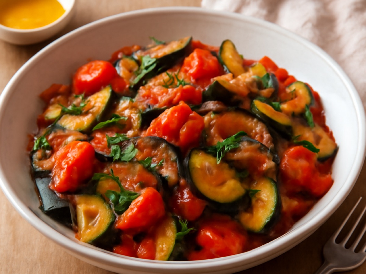Griechische Gemüsepfanne mit Zucchini, Aubergine und Tomaten