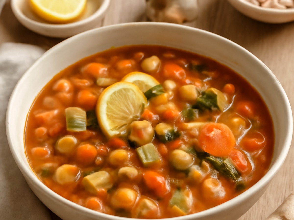 Griechische Gemüsesuppe mit Kichererbsen und Zitrone