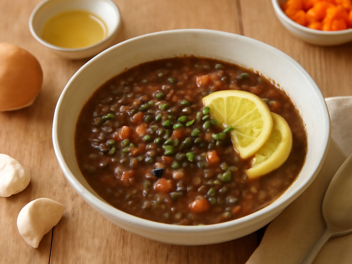 Griechische schwarze Linsensuppe mit Zitrone