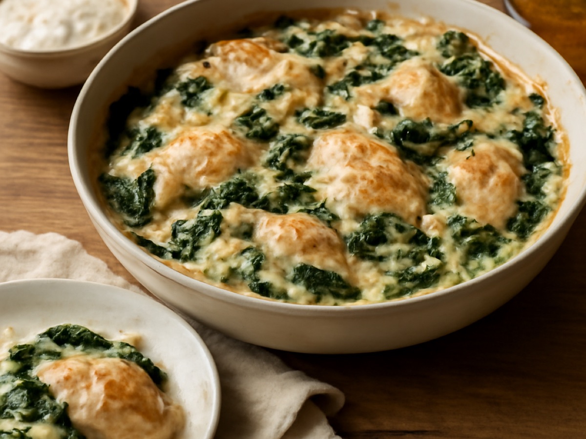 Griechischer Joghurt-Hähnchenauflauf mit Spinat und Zwiebeln