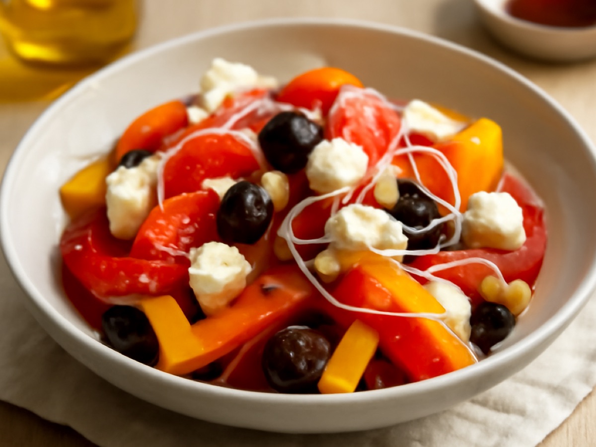 Griechischer Paprika-Feta-Salat mit Zwiebeln und Olivenöl